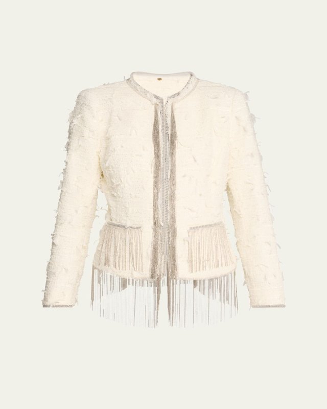 Leyla Chain-Trim Fringe Tweed Jacket